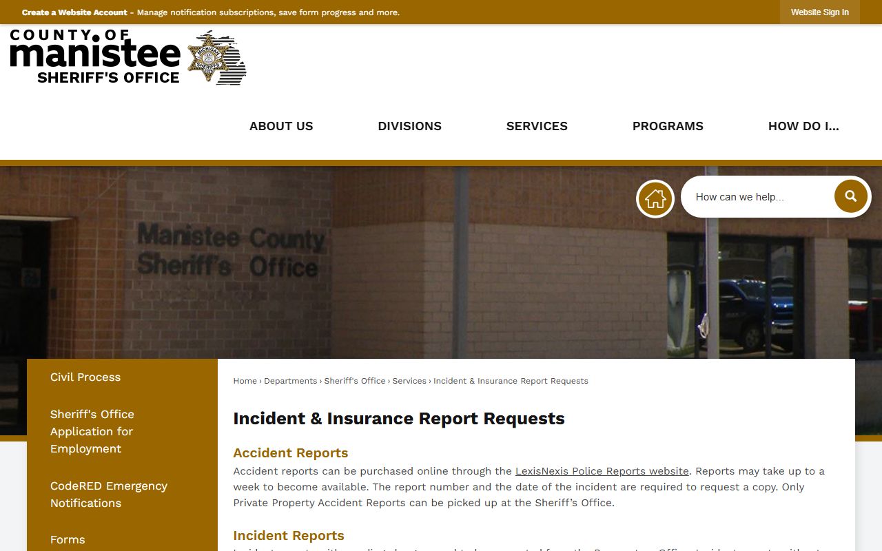 Manistee County court records after arrest incident report request instructions