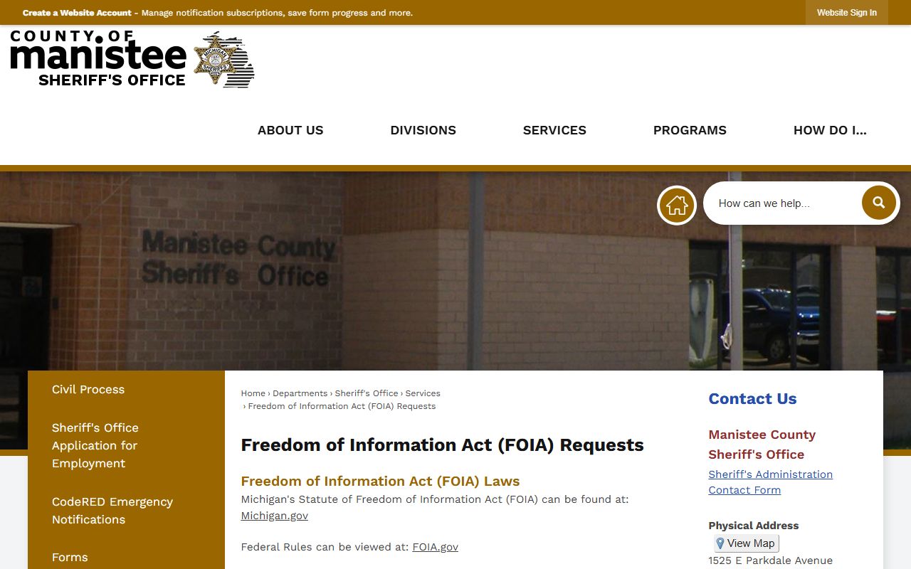 Manistee County sheriff FOIA page for inmate record requests