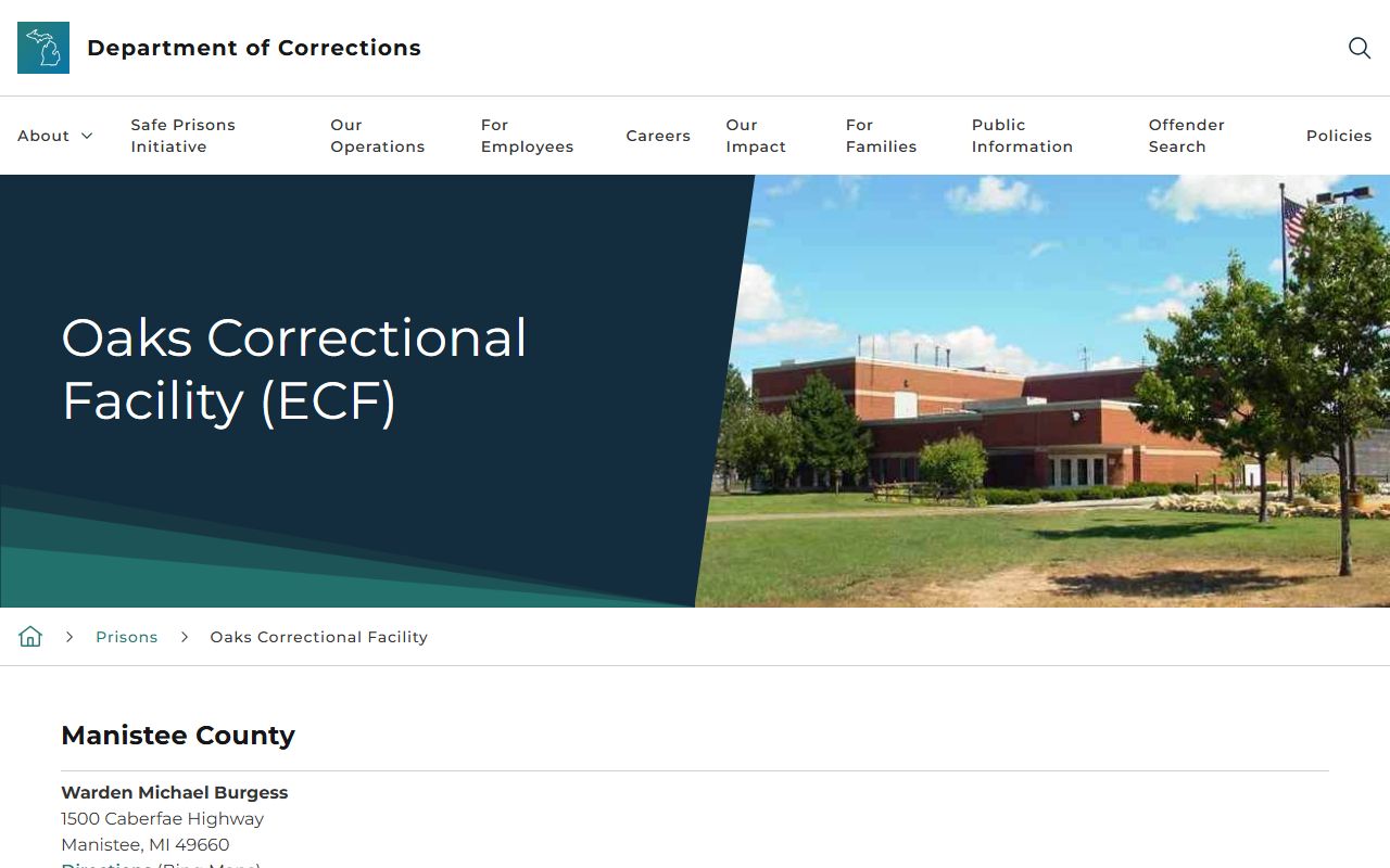 Oaks Correctional Facility MDOC inmate lookup information page