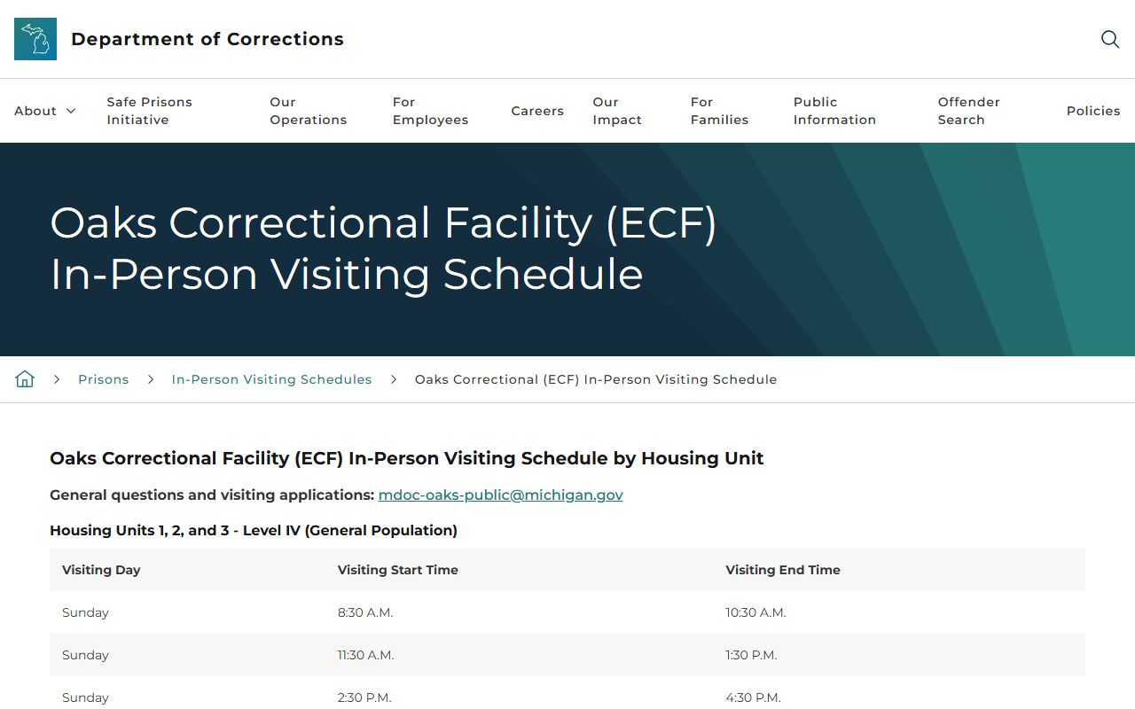Oaks Correctional Facility MDOC visiting schedule for prison inmates